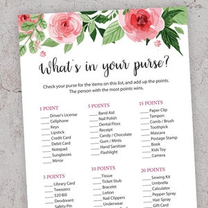 What's in your Purse, Printable Shower Game, Bridal Shower Games, Purse Hunt Game, Whats in your Bag, Purse Raid Game,Floral Bridal, J003
