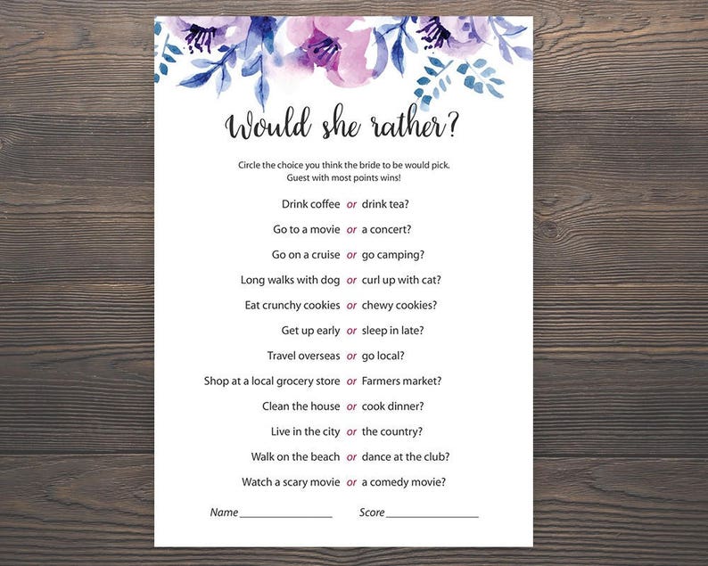 Lavender Bridal Shower Game titles, Would She Instead, Printable Bridal Shower, Bridal Shower Match, Bachelorette Celebration, Hens Night time, J007 photo about Would She Rather Bridal Shower Game Free Printable titled Lavender Bridal Shower Game titles, Would She Alternatively, Printable Bridal Shower, Bridal Shower Video game, Bachelorette Bash, Hens Night time, J007