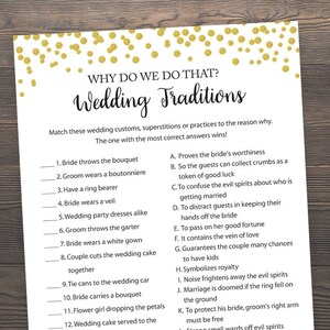 Why do we do that Game, Wedding Traditions, Bridal Shower Games, Gold Confetti Bridal Games, Gold Bridal Shower, Match the traditions, J001