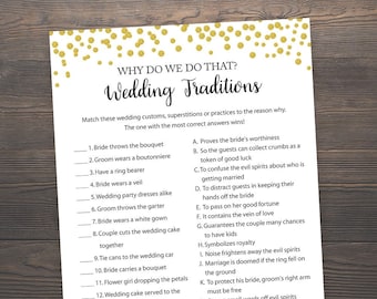 Why do we do that Game, Wedding Traditions, Bridal Shower Games, Gold Confetti Bridal Games, Gold Bridal Shower, Match the traditions, J001