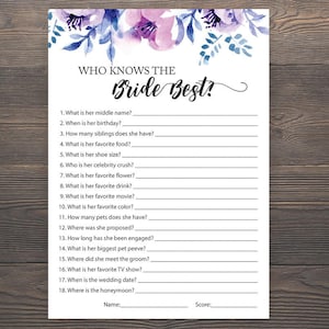 Lavender Bridal Shower Games, Who knows the Bride Best, How well do you know the bride, Printable, Watercolor, Bridal Shower Quiz, J007