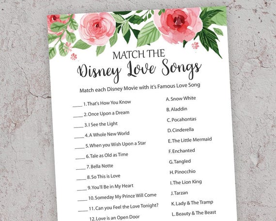 Disney Themed Bridal Shower Games Match The Disney Love Etsy