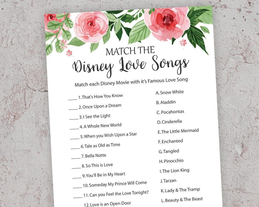 Disney Themed Bridal Shower Games Match the Disney Love Etsy