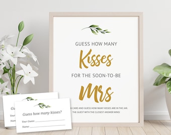 Ratet mal, wie viele Küsse für die baldige Frau, Küsse im Glas, Bachelorette Greenery Bridal Shower Printable, Guess the Kisses, J031 sein werden