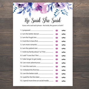 Lavender Bridal Shower Games, He Said She Said Game, Who Said It Game, Printable Bridal Shower, Purple Floral, Guess Who Said it, J007