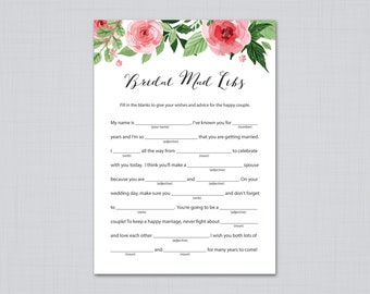 Bridal Mad Libs, Advice for the Bride, Bridal Shower Games, Bachelorette Party Games, Bridal Advice, Hens Party, Floral Watercolor, J003