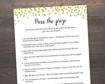 Pass the Prize, Bridal Shower Games, Pass the Parcel Game, Gold Confetti, Gold Bridal Shower, Rhyme Game, Parcel Game, J001