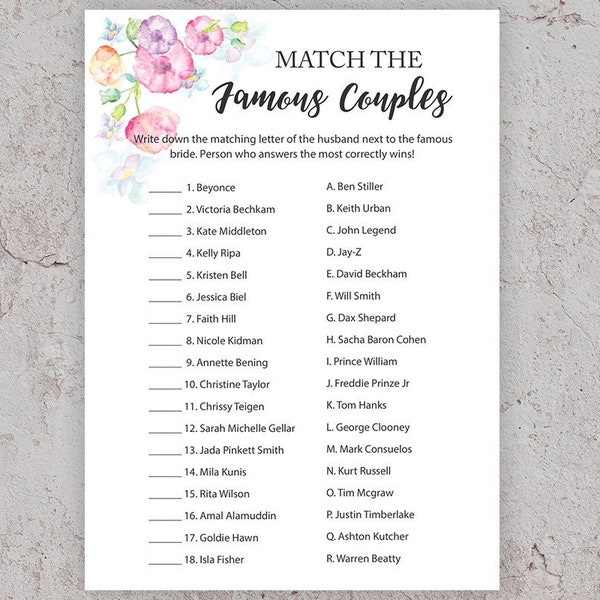 Famous Couples, Bridal Shower Game, Famous Couples Game, Celebrity Couples Game, Pink Bridal Shower Game,Celebrity Matching Name Game, J010