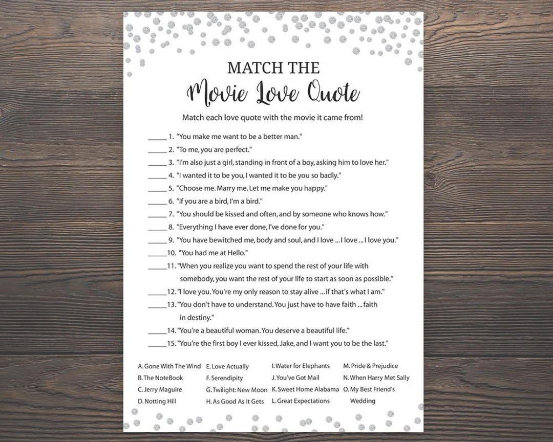 Silver Bridal Shower Games, Match the Movie Love Quote, Printable