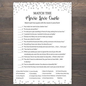Silver Bridal Shower Games, Match the Movie Love Quote, Printable Bridal Shower, Movie Quote Game, Movie Love Quotes, Silver Confetti, J014