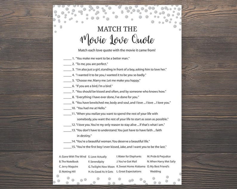 Silver Bridal Shower Games Match the Movie Love Quote - Etsy