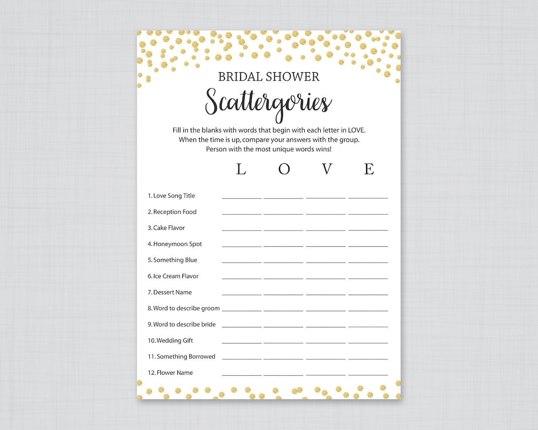 Gold Bridal Shower Scattergories, Printable Bridal Shower, Gold ...