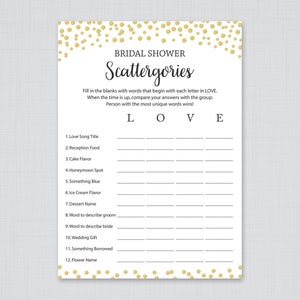 Scattergories de douche nuptiale d&#39;or, douche nuptiale imprimable, jeux de douche de Scattergories d&#39;or, jeux de douche de mariage d&#39;or, confettis d&#39;or, J001