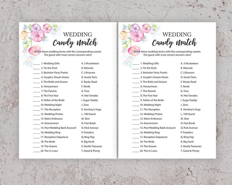 Wedding Candy Match Bridal Shower Games Candy Game Candy Etsy