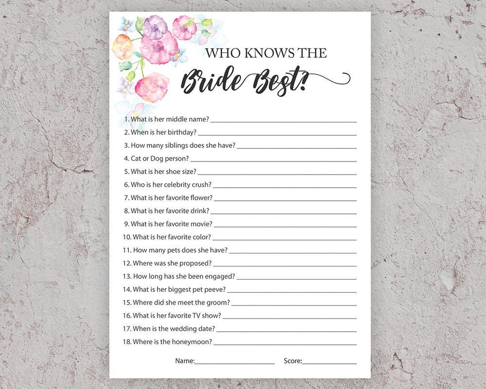 Who knows the bride best bridal shower games how well do you | Etsy