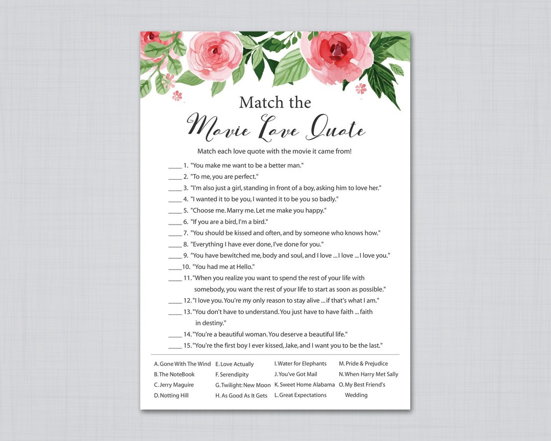 Match the Movie Love Quote, Printable Bridal Shower, Floral Bridal ...