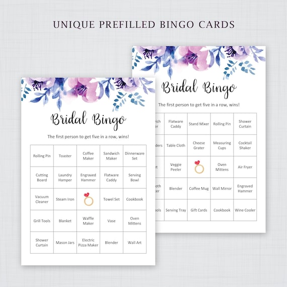 Lavender Floral Bridal Shower Bingo Printable, 60 Unique Prefilled