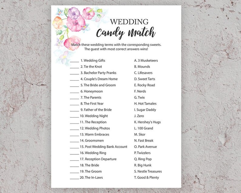 Wedding Candy Match Bridal Shower Games Candy Game Candy Etsy