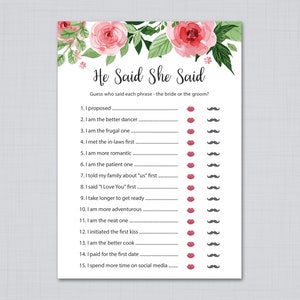 He Said She Said Game, Bridal Shower Games, Guess Who Said It, Floral Bridal Shower, Wedding Shower, Printable Bridal Shower Game, J003