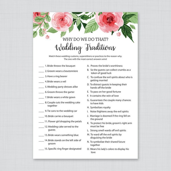 Wedding Traditions Guessing Game Printable, Why do we do that,Bridal Shower Trivia Games, Wedding Traditions Quiz, Name That Tradition, J003