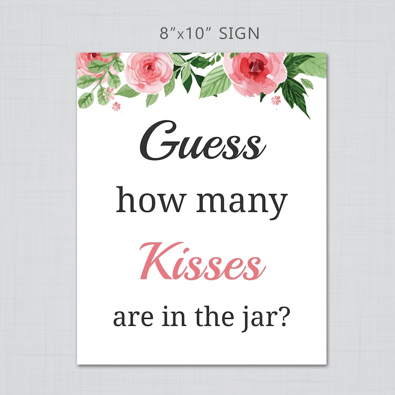 How Many Kisses in the Jar, Bridal Shower Game, Watercolor Floral, Pink Bridal Shower Game