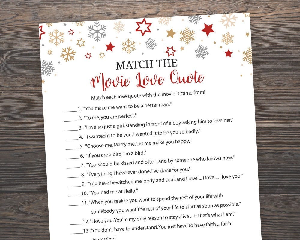 Winter Wedding Bridal Shower Games Match The Movie Love Etsy