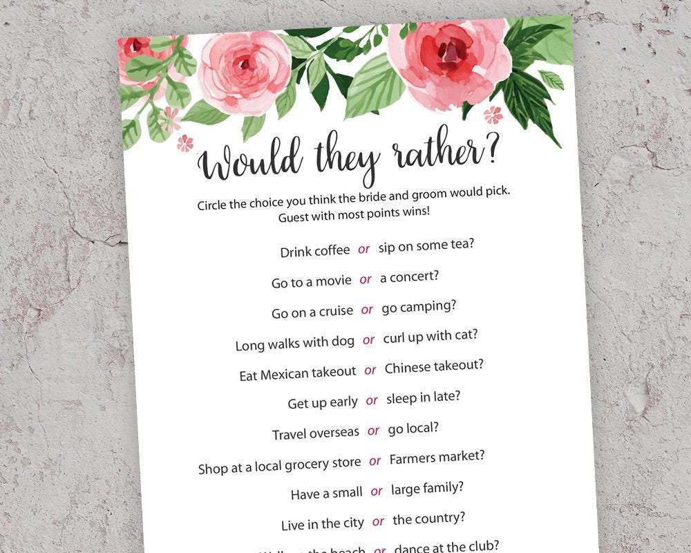 Would they rather, Bridal Shower Games, Printables Bridal Shower, Floral Bridal Shower, Wedding Shower Game, Couple Wedding Shower, J003