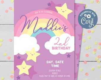 Purple Stars and Rainbow Birthday Party Invitation, Instantly Editable Digital Download