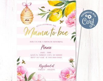 Lemons, Flowers, Bees Baby Shower Invitation Bundle, Instantly Editable Digital Download