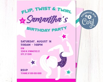 Gymnastics Birthday Invitation, Instantly Editable Digital Download