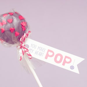 May include: A chocolate cake pop decorated with pink hearts and a white tag that says "You make my heart POP!" with a pink heart.