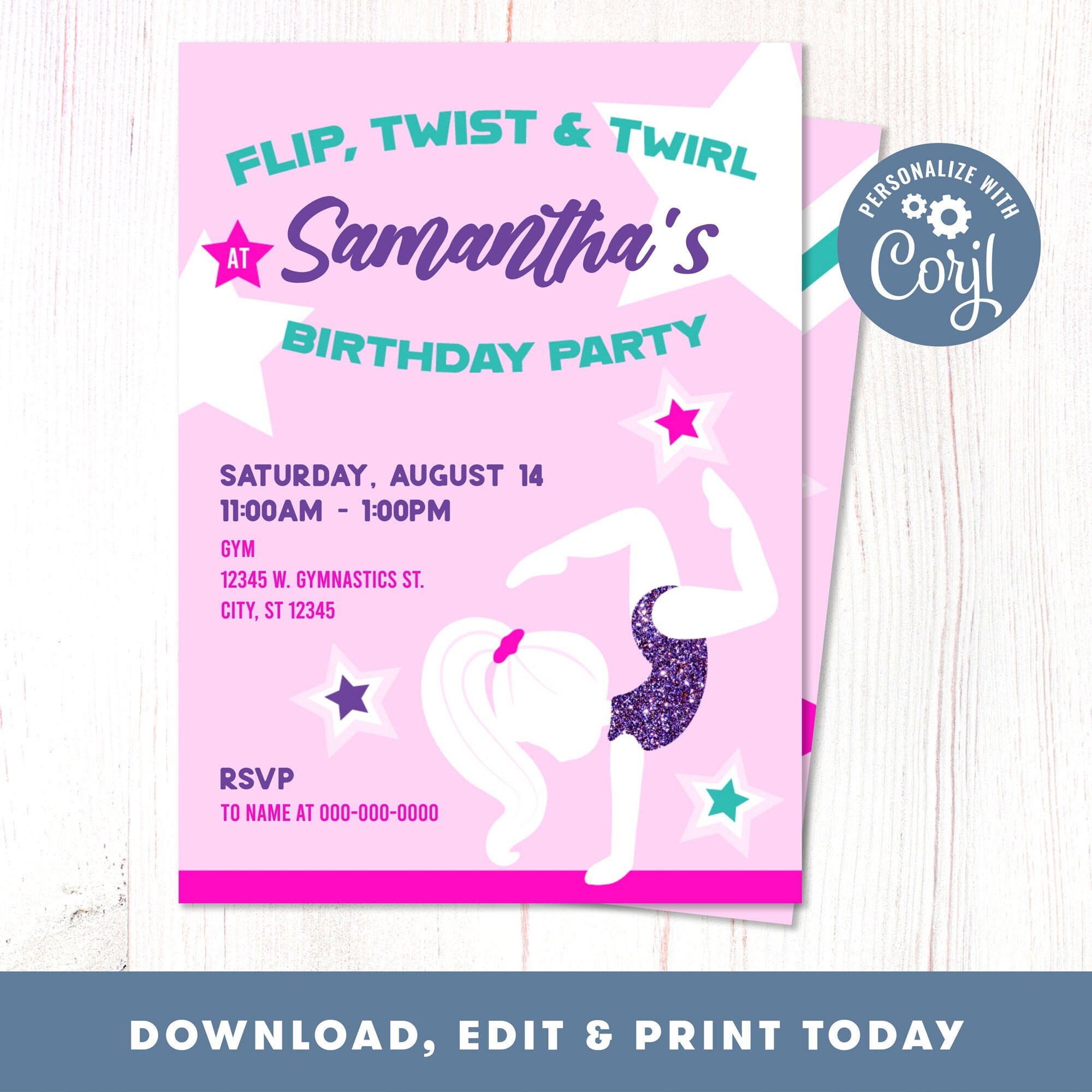Gymnastics Birthday Invitation, Instantly Editable Digital Download