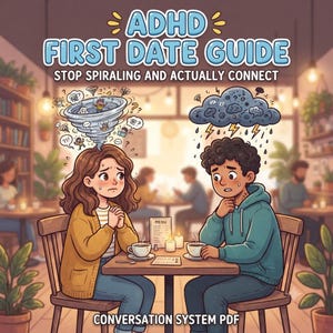 May include: A digital illustration titled ADHD FIRST DATE GUIDE STOP SPIRALING AND ACTUALLY CONNECT. It shows two people at a table with coffee, one with a tornado of thoughts above their head and the other with a rain cloud, labelled CONVERSATION SYSTEM PDF.