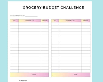 May include: A white sheet of paper with the title "GROCERY BUDGET CHALLENGE". It features sections for a shopping list, with columns for quantity, shopping list, and amount. There are also sections for a summary and meal ideas.