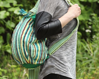Basket backpack Green convertible backpack Backpack for woman Woven rucksack Colorful woven bag Handwoven bag Handmade textile backpack