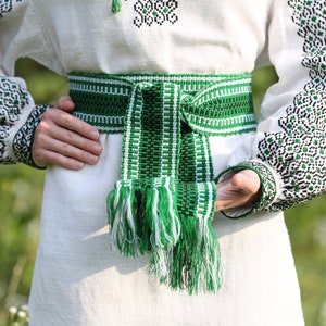 Woven belt Green woven sash Textile Ukrainian ethnic ribbon for woman Embroidered belt Boho handwoven strap for man Striped hippie belt image 9