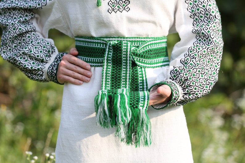 Woven belt Green woven sash Textile Ukrainian ethnic ribbon for woman Embroidered belt Boho handwoven strap for man Striped hippie belt image 9