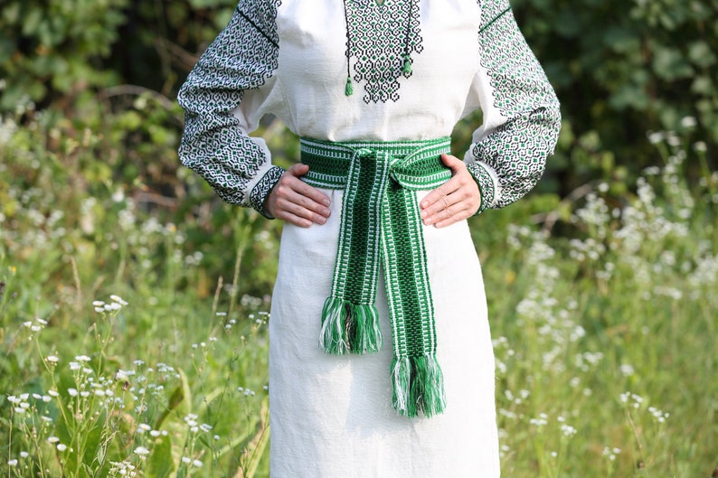 Woven belt Green woven sash Textile Ukrainian ethnic ribbon for woman Embroidered belt Boho handwoven strap for man Striped hippie belt image 6