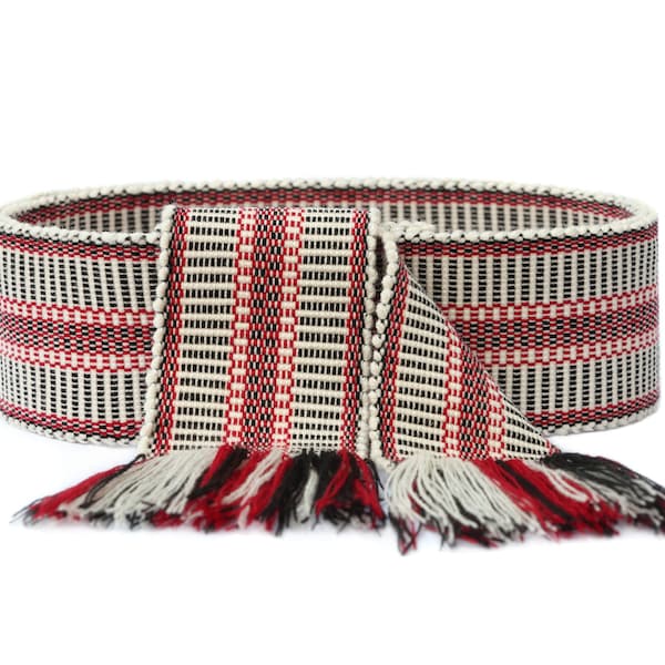 Cinturón tejido para mujer Cinturón negro largo Cinta hecha a mano Cinturón tejido ucraniano Cinturón boho Cinturón textil étnico Hombres shash tejido Rojo krayka