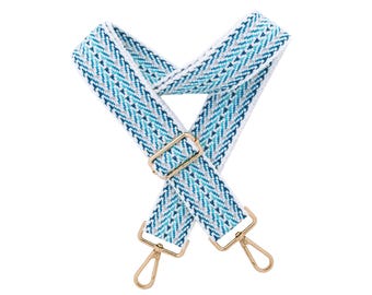 Bag strap with gold hardware Crossbody purse strap Woven replacement strap handbag Blue white shoulder strap 1,5 inch wide adjustable strap