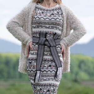 Black & white woven belt Ethnic handwoven strap for men Woven belt for woman folklore Ukrainian ribbon Bohemian textile embroidered sash image 2