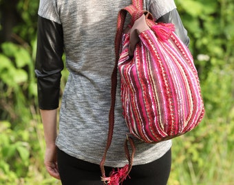 Brown handwoven backpack Convertible backpack Basket textile backpack Ukrainian woven backpacks for woman Pink tote bag Textile eco backpack