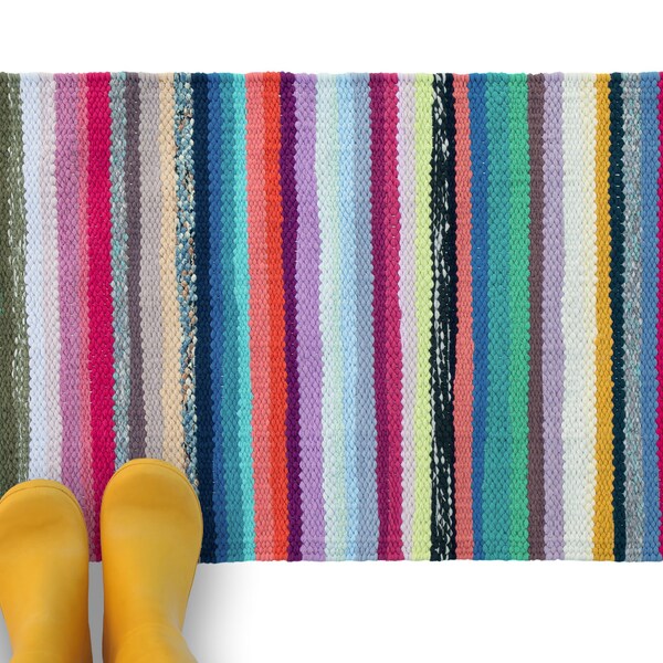 Large rag rug Eco friendly kitchen mat Recycled doormat Woven door mat Colorful bath mat Striped upcycled welcome doormat Custom outdoor rug