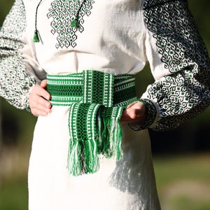 Woven belt Green woven sash Textile Ukrainian ethnic ribbon for woman Embroidered belt Boho handwoven strap for man Striped hippie belt image 5