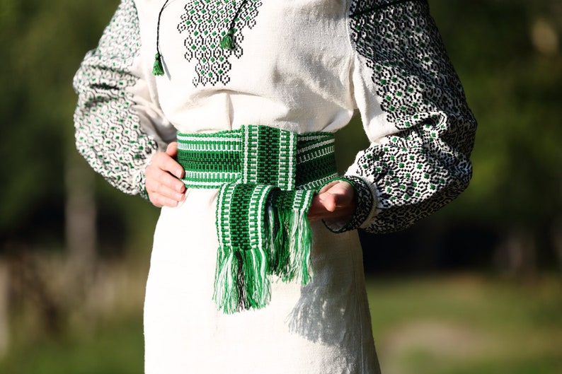 Woven belt Green woven sash Textile Ukrainian ethnic ribbon for woman Embroidered belt Boho handwoven strap for man Striped hippie belt image 5