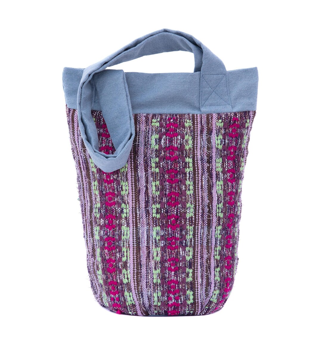 Woven Yarn Tote Bag, Geometric Pattern, Upcycled Denim Trim, Handmade ...