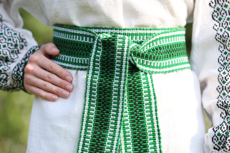 Woven belt Green woven sash Textile Ukrainian ethnic ribbon for woman Embroidered belt Boho handwoven strap for man Striped hippie belt image 3