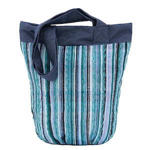 Blue turquoise and black striped eco friendly yarn bag, Handmade crossbody purse, Woven textile shoulder tote bag for women gift, Handbag