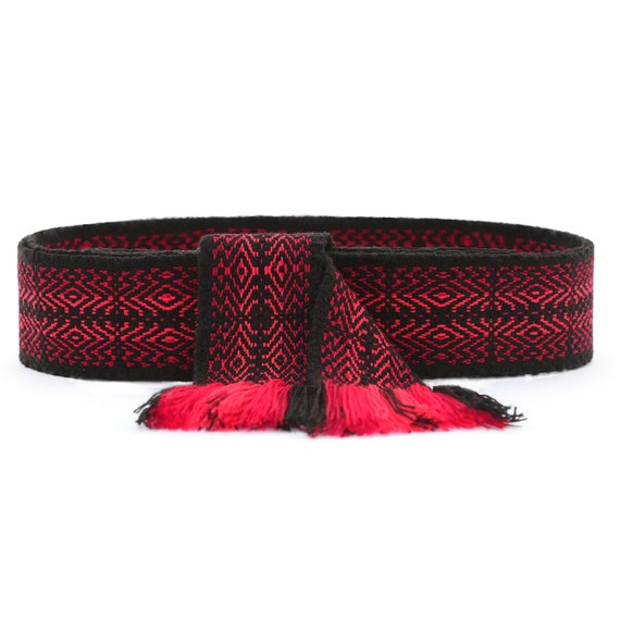 Red woven belt for woman, Traditional sash, Black hippie handmade fabric,  Ethnic handwoven strap, Ukrainian woven ribbon, Waist sash for men