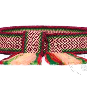 Pink woven belt, Burgundy red green beige handwoven krayka, Ukrainian sash, Modern handmade ribbon, Textile woven sash, Narrow  long belt